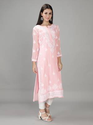Hand Embroidered Lucknowi Chikankari Light Pink Georgette Kurta with Slip 3