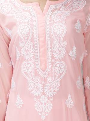 Hand Embroidered Lucknowi Chikankari Light Pink Georgette Kurta with Slip 4