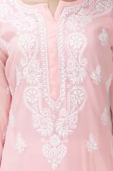 Hand Embroidered Lucknowi Chikankari Light Pink Georgette Kurta with Slip