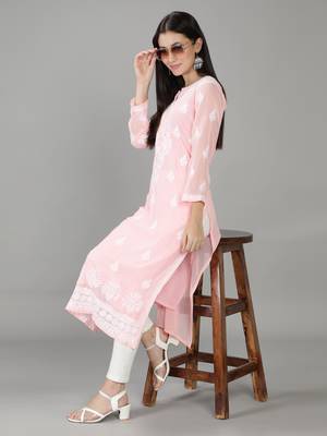 Hand Embroidered Lucknowi Chikankari Light Pink Georgette Kurta with Slip 5