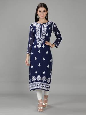 Hand Embroidered Lucknowi Chikankari Navy Blue Georgette Kurta with Slip 1