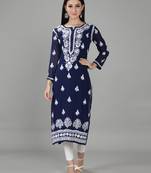 Hand Embroidered Lucknowi Chikankari Navy Blue Georgette Kurta with Slip
