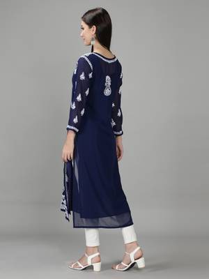 Hand Embroidered Lucknowi Chikankari Navy Blue Georgette Kurta with Slip 2