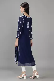 Hand Embroidered Lucknowi Chikankari Navy Blue Georgette Kurta with Slip