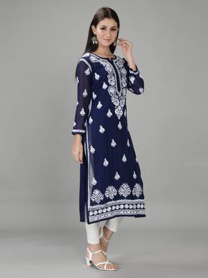 Hand Embroidered Lucknowi Chikankari Navy Blue Georgette Kurta with Slip 3