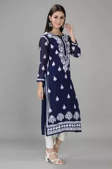 Hand Embroidered Lucknowi Chikankari Navy Blue Georgette Kurta with Slip