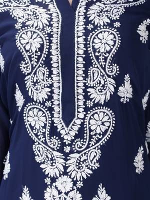 Hand Embroidered Lucknowi Chikankari Navy Blue Georgette Kurta with Slip 4