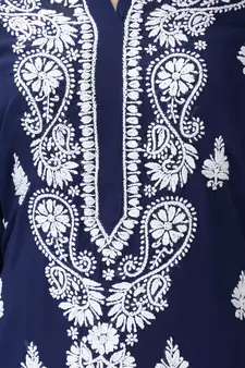 Hand Embroidered Lucknowi Chikankari Navy Blue Georgette Kurta with Slip