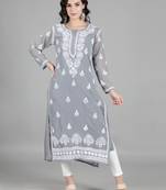 Hand Embroidered Lucknowi Chikankari Grey Georgette Kurta with Slip