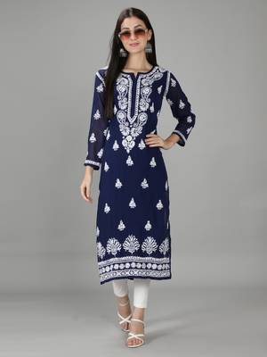 Hand Embroidered Lucknowi Chikankari Navy Blue Georgette Kurta with Slip 5