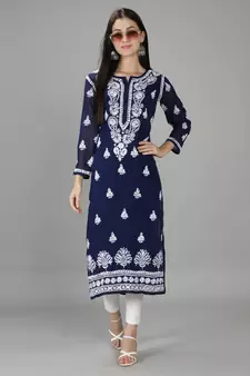 Hand Embroidered Lucknowi Chikankari Navy Blue Georgette Kurta with Slip