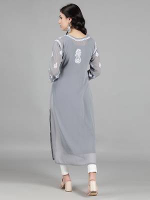 Hand Embroidered Lucknowi Chikankari Grey Georgette Kurta with Slip 2