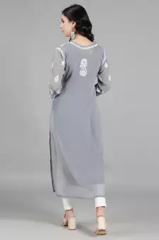 Hand Embroidered Lucknowi Chikankari Grey Georgette Kurta with Slip