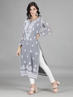Hand Embroidered Lucknowi Chikankari Grey Georgette Kurta with Slip 3