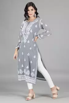 Hand Embroidered Lucknowi Chikankari Grey Georgette Kurta with Slip