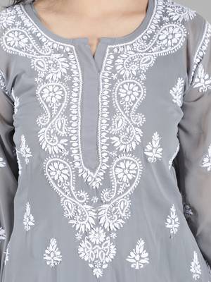 Hand Embroidered Lucknowi Chikankari Grey Georgette Kurta with Slip 4