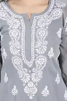 Hand Embroidered Lucknowi Chikankari Grey Georgette Kurta with Slip