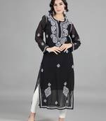 Hand Embroidered Lucknowi Chikankari Black Georgette Kurta with Slip