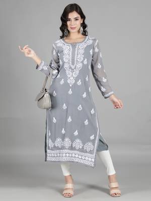 Hand Embroidered Lucknowi Chikankari Grey Georgette Kurta with Slip 5
