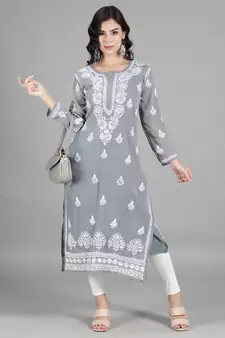 Hand Embroidered Lucknowi Chikankari Grey Georgette Kurta with Slip