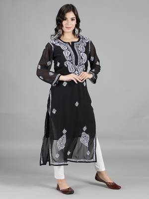 Hand Embroidered Lucknowi Chikankari Black Georgette Kurta with Slip 3