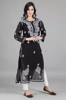 Hand Embroidered Lucknowi Chikankari Black Georgette Kurta with Slip