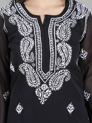 Hand Embroidered Lucknowi Chikankari Black Georgette Kurta with Slip 4