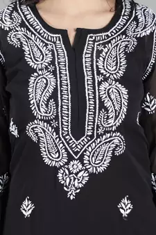 Hand Embroidered Lucknowi Chikankari Black Georgette Kurta with Slip