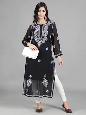 Hand Embroidered Lucknowi Chikankari Black Georgette Kurta with Slip 5