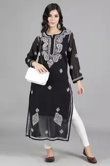 Hand Embroidered Lucknowi Chikankari Black Georgette Kurta with Slip