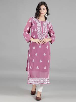 Hand Embroidered Lucknowi Chikankari Burgundy Georgette Kurta with Slip 1