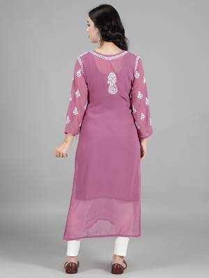 Hand Embroidered Lucknowi Chikankari Burgundy Georgette Kurta with Slip 2