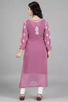 Hand Embroidered Lucknowi Chikankari Burgundy Georgette Kurta with Slip