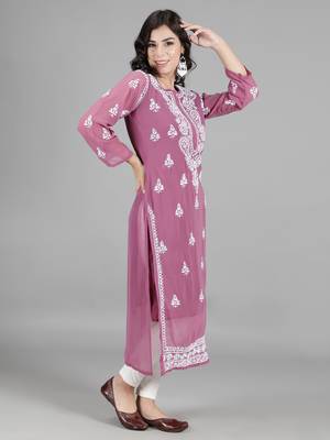 Hand Embroidered Lucknowi Chikankari Burgundy Georgette Kurta with Slip 3