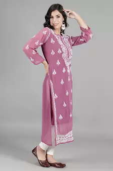 Hand Embroidered Lucknowi Chikankari Burgundy Georgette Kurta with Slip