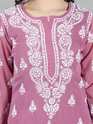 Hand Embroidered Lucknowi Chikankari Burgundy Georgette Kurta with Slip 4