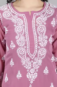 Hand Embroidered Lucknowi Chikankari Burgundy Georgette Kurta with Slip