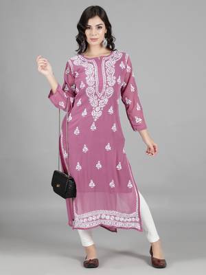 Hand Embroidered Lucknowi Chikankari Burgundy Georgette Kurta with Slip 5