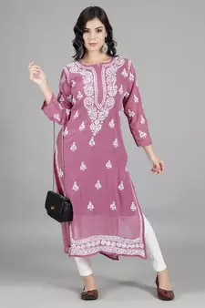 Hand Embroidered Lucknowi Chikankari Burgundy Georgette Kurta with Slip