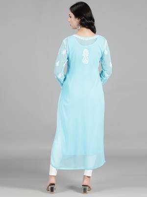 Hand Embroidered Lucknowi Chikankari Blue Georgette Kurta with Slip 2