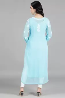 Hand Embroidered Lucknowi Chikankari Blue Georgette Kurta with Slip