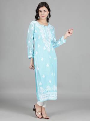 Hand Embroidered Lucknowi Chikankari Blue Georgette Kurta with Slip 3
