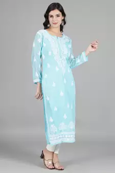 Hand Embroidered Lucknowi Chikankari Blue Georgette Kurta with Slip