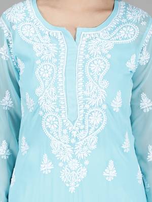 Hand Embroidered Lucknowi Chikankari Blue Georgette Kurta with Slip 4