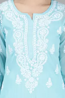 Hand Embroidered Lucknowi Chikankari Blue Georgette Kurta with Slip