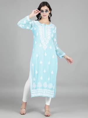 Hand Embroidered Lucknowi Chikankari Blue Georgette Kurta with Slip 5