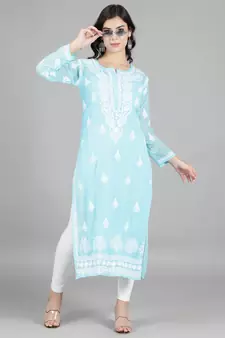 Hand Embroidered Lucknowi Chikankari Blue Georgette Kurta with Slip