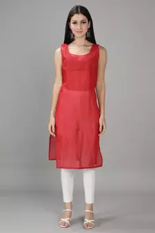 Seva Chikan Hand Embroidered Lucknowi Chikankari Red Georgette Kurta with Slip