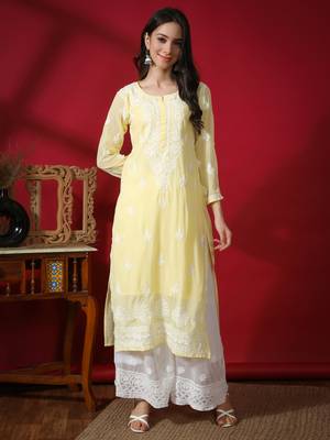 HAND EMBROIDERED LUCKNOWI CHIKANKARI YELLOW GEORGETTE KURTA WITH SLIP 1