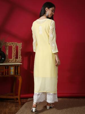 HAND EMBROIDERED LUCKNOWI CHIKANKARI YELLOW GEORGETTE KURTA WITH SLIP 2